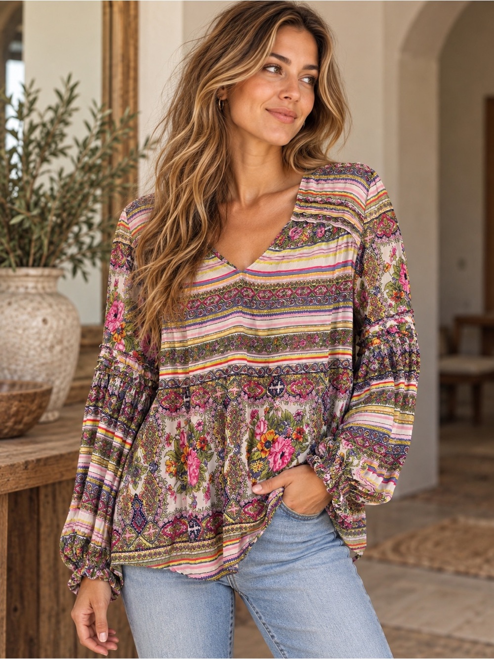 Maeve Anthropologie Floral Paisley Boho Balloon Sleeve Blouse Small